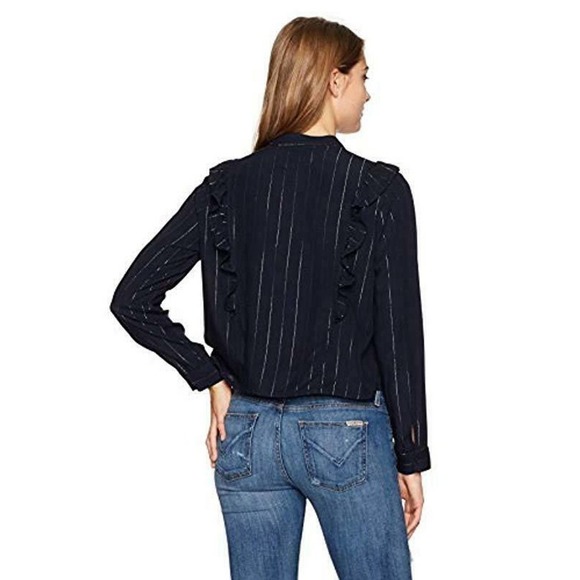 Rails Piper Blouse in Panama Stripe Medium Ruffle Blue Silver Metallic Tie Hem - Picture 5 of 12